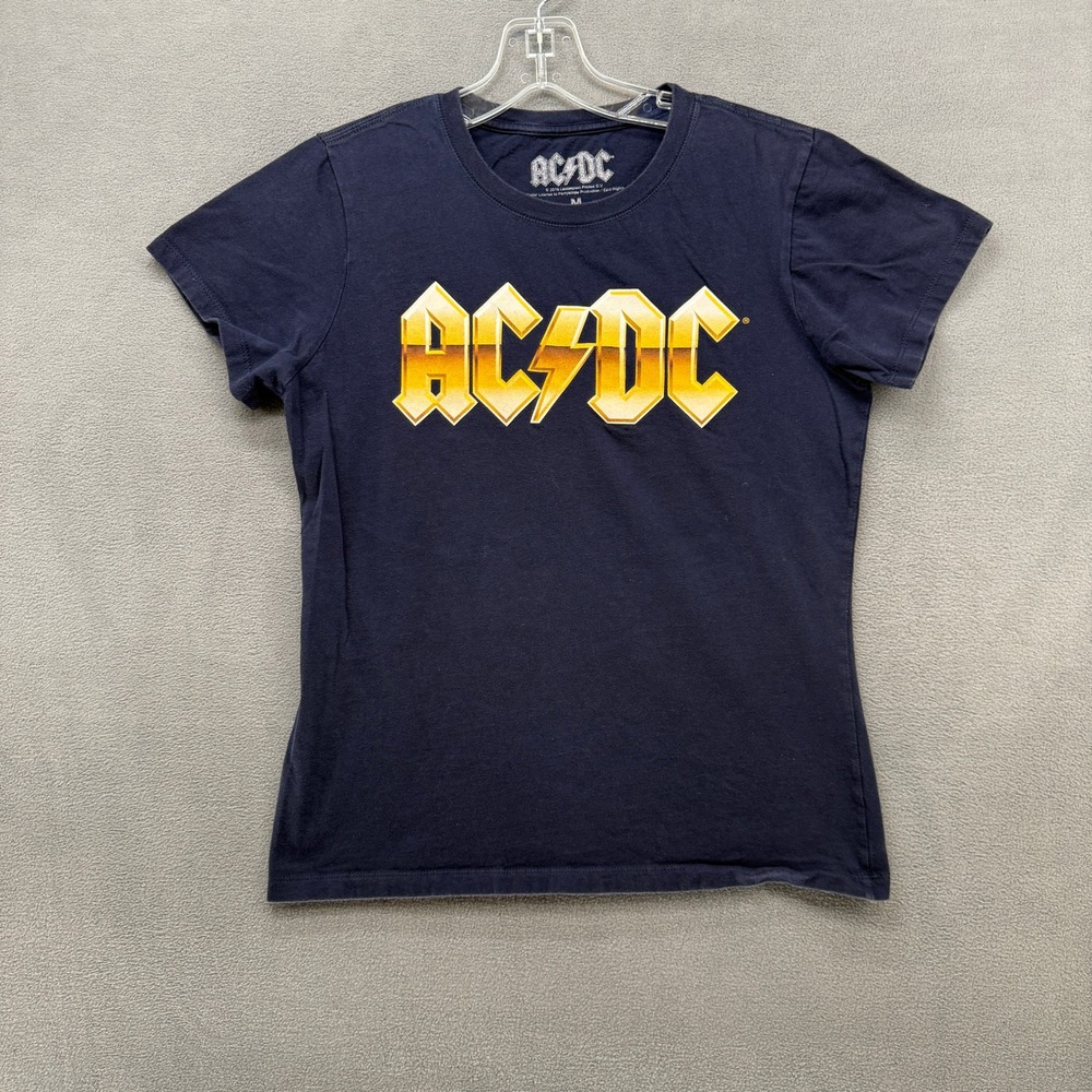 AC/DC T-Shirt  Womens Medium Navy Blue Graphic Band Gold Logo Short Sleeve